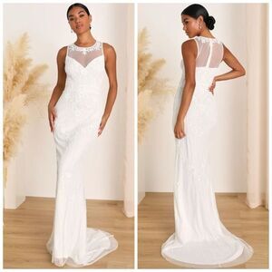 Lulus Modern Fairytale White Mesh Beaded Sequin Mermaid Maxi Dress Small NEW